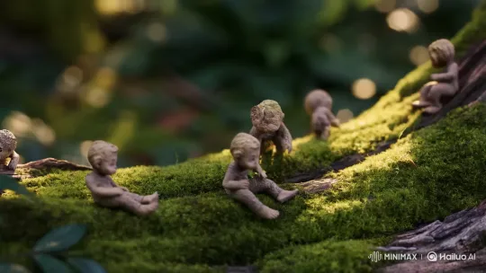 Miniature Figures Interact Naturally in a Lush Forest Setting – AI Generated Video | Hailuo AI