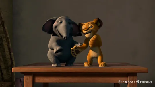 Tiny Elephant and Lion Cub Dance and Tumble Joyfully – AI Generated Video | Hailuo AI