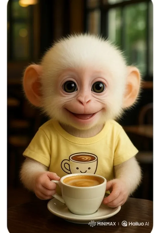 Baby Monkey Enjoys Coffee in Cozy Restaurant Setting – AI Generated Video | Hailuo AI
