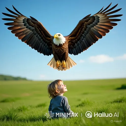 Eagle Soars Over Child in Tranquil Meadow Scene – AI Generated Video | Hailuo AI