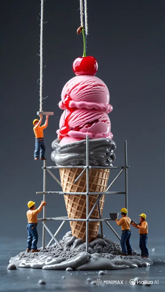 Miniature Workers Construct Giant Ice Cream Tower – AI Generated Video | Hailuo AI