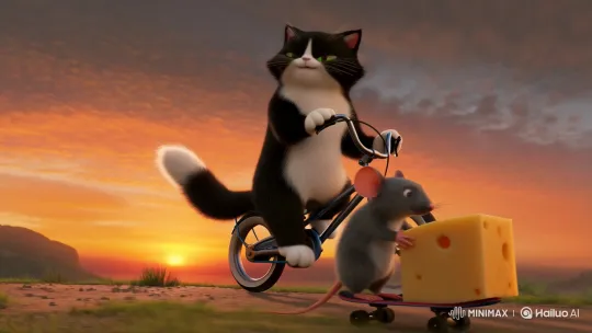 Cat Pursues Mouse on Skateboard in Sunset Chase – AI Generated Video | Hailuo AI