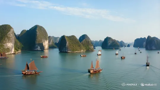 Panoramic Ha Long Bay with Traditional Junk Boats – AI Generated Video | Hailuo AI