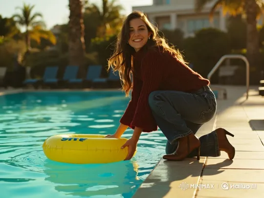 Young Woman Falls into Pool While Playing with Inflatable Ring – AI Generated Video | Hailuo AI