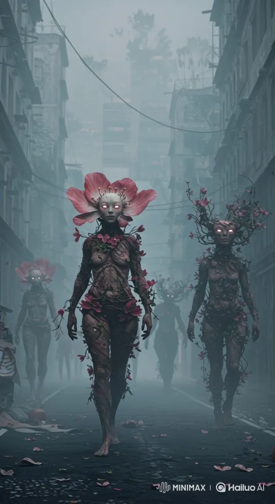 Procession of Flower-Headed Humanoids in Foggy City – AI Generated Video | Hailuo AI