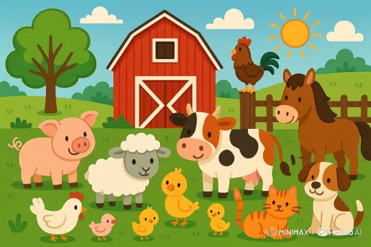 Peaceful Farmyard: Animals in Joyful Harmony – AI Generated Video | Hailuo AI