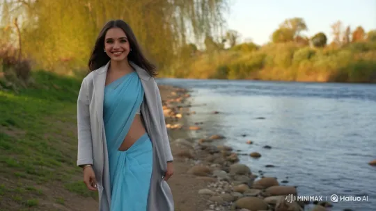 Young Woman in Saree Struts Along Serene Riverbank – AI Generated Video | Hailuo AI