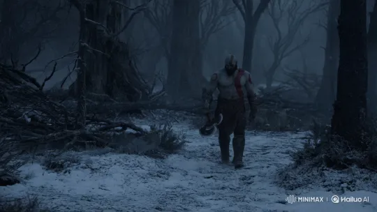 Kratos Walks Through Snowy Ruins of Desolate Forest – AI Generated Video | Hailuo AI
