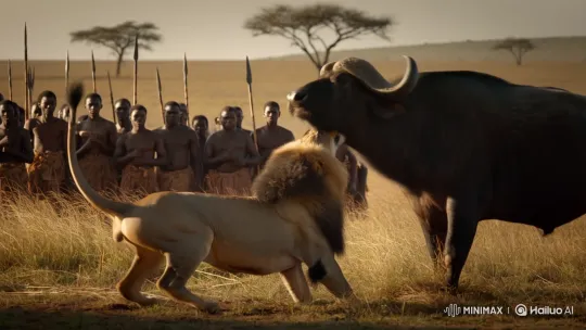 Lion Attacked by Buffalo; Hunters Cheer Victory – AI Generated Video | Hailuo AI