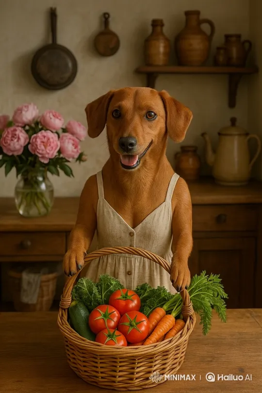 Happy Dog Nala Places Veggie Basket on Table – AI Generated Video | Hailuo AI