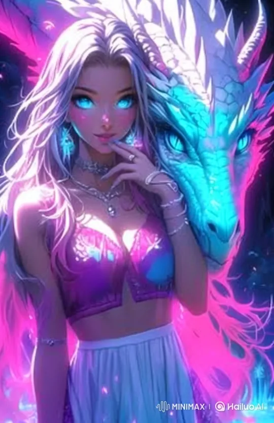 Mystical Woman and Dragon in Enchanted Starry Scene – AI Generated Video | Hailuo AI