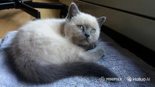Colorpoint Kitten Grooms and Stretches on Blanket – AI Generated Video | Hailuo AI