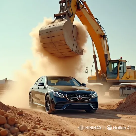 Luxury Car Covered in Dirt by Excavator at Construction Site – AI Generated Video | Hailuo AI