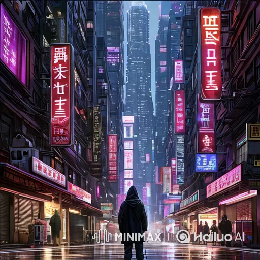 Contemplative Figure in Neon-Lit Futuristic Metropolis – AI Generated Video | Hailuo AI