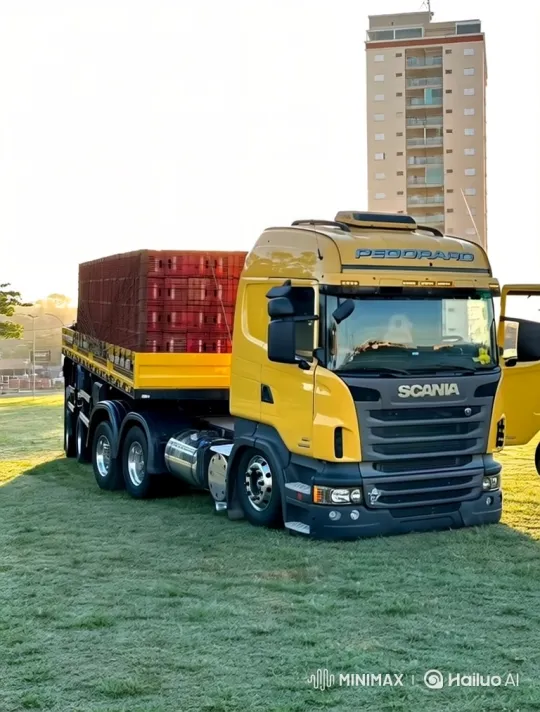Custom Yellow Scania Truck Lowers on Lawn – AI Generated Video | Hailuo AI