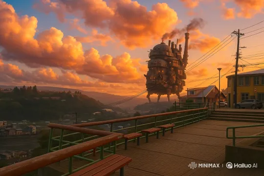 Walking Castle Moves Through Enchanted Sunset Townscape – AI Generated Video | Hailuo AI
