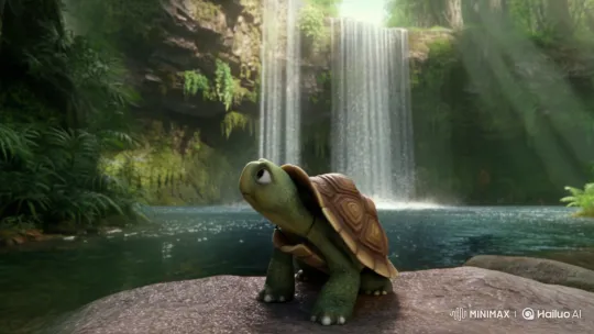Tiny Turtle Tara Confronts the Great Waterfall – AI Generated Video | Hailuo AI