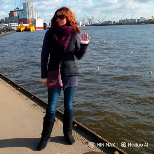 Young Woman Waves at the Sunlit Hamburg Harbor – AI Generated Video | Hailuo AI