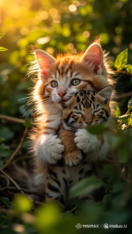 Orange Kitten Carefully Places Striped Kitten in Leaves – AI Generated Video | Hailuo AI