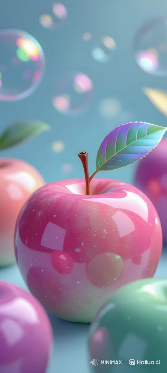 Artistic Display of Shimmering Apples and Bubbles – AI Generated Video | Hailuo AI