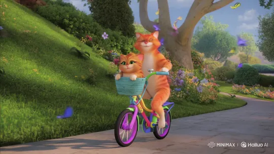 Orange Tabby Cat and Kitten Joyfully Ride Bicycle in Park – AI Generated Video | Hailuo AI
