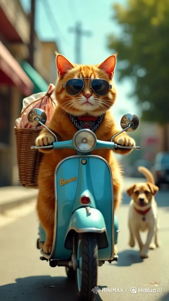 Cat Cruises on Motorbike, Dog in Tow, Sunny Day Chase – AI Generated Video | Hailuo AI