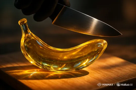 Close-up of a Glass Banana Sliced with a Knife – AI Generated Video | Hailuo AI