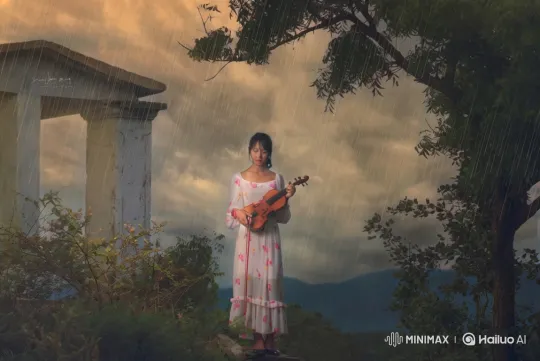 Violinist in Rain Plays Dual Selves at Ancient Ruins – AI Generated Video | Hailuo AI