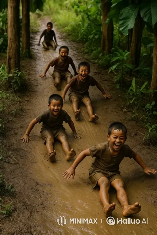 Boys Slide Down Mud Slope in Joyful Play – AI Generated Video | Hailuo AI