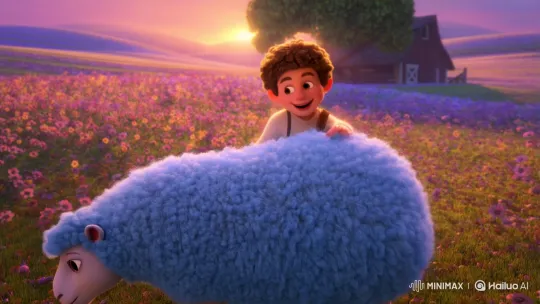 Boy and Blue Sheep in Sunlit Flower Field – AI Generated Video | Hailuo AI