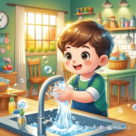 Cheerful Boy Joyfully Washes Dishes in Sunlit Kitchen – AI Generated Video | Hailuo AI