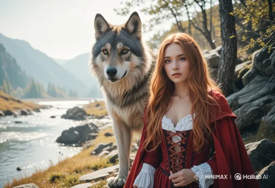 Red-haired Woman and Grey Wolf by a River – AI Generated Video | Hailuo AI