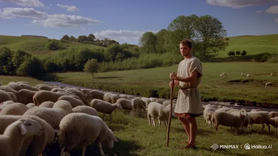 Shepherd Watches Over Flock in Serene Pasture – AI Generated Video | Hailuo AI
