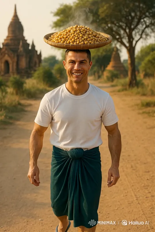 Cristiano Ronaldo Balances Peas Tray on Head in Golden Hour Setting – AI Generated Video | Hailuo AI