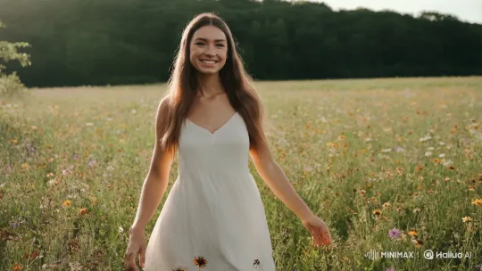 Gentle Smile in a Meadow of Wildflowers – AI Generated Video | Hailuo AI