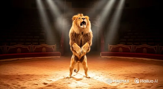 Male Lion Stands and Walks on Hind Legs in Circus Ring – AI Generated Video | Hailuo AI