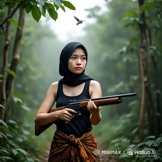Young Woman Targets and Shoots Rifle in Dense Forest – AI Generated Video | Hailuo AI