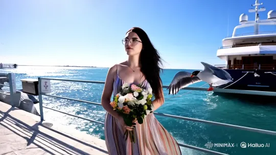 Summer Serenity: Woman with Flowers on a Sunlit Pier – AI Generated Video | Hailuo AI