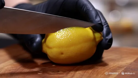 Focused Slicing of a Lemon on Wooden Board – AI Generated Video | Hailuo AI
