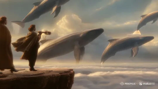 Whales Swim Through Sky Above Awe-Struck Observers on Cliff – AI Generated Video | Hailuo AI