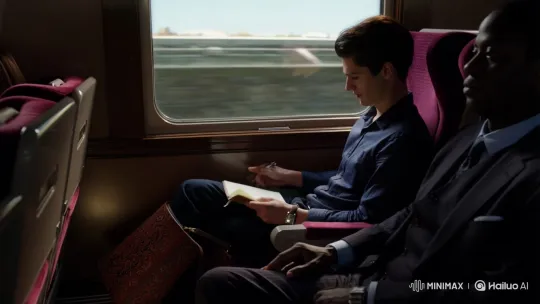 Focused Young Writer's Journey to Bestseller on a Train – AI Generated Video | Hailuo AI