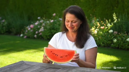 Woman Enjoying Watermelon Slice Outdoors – AI Generated Video | Hailuo AI