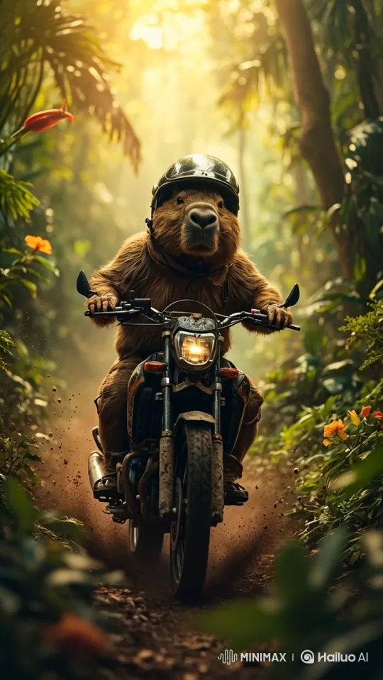 Capybara Rider Navigates Jungle on Motorcycle – AI Generated Video | Hailuo AI