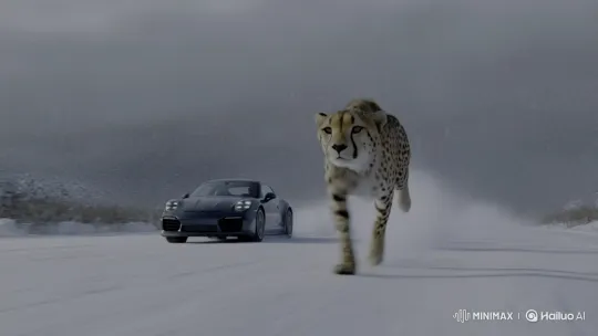 Cheetah vs. Porsche: High-Speed Snow Chase – AI Generated Video | Hailuo AI