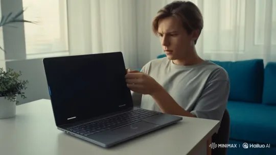 Young Adult's Laptop Unleashes 3D Video in Modern Room – AI Generated Video | Hailuo AI