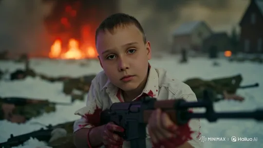 Young Boy Fights in Snowy Battlefield – AI Generated Video | Hailuo AI