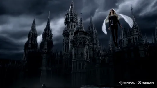 Nimue Descends Gracefully Before the Palace of Satan – AI Generated Video | Hailuo AI