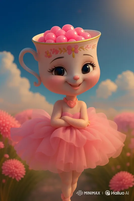 Teacup Ballerina Twirls Gracefully in a Petal-Filled Field – AI Generated Video | Hailuo AI