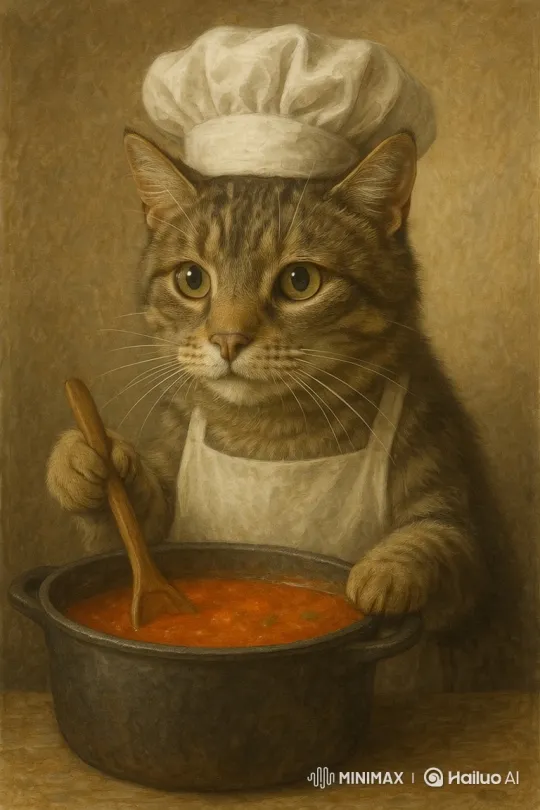 Tabby Cat Chef Stirs Soup in Artistic Scene – AI Generated Video | Hailuo AI
