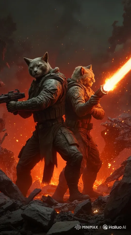 Anthropomorphic Cat Soldiers Defend Fiery Battlefield – AI Generated Video | Hailuo AI